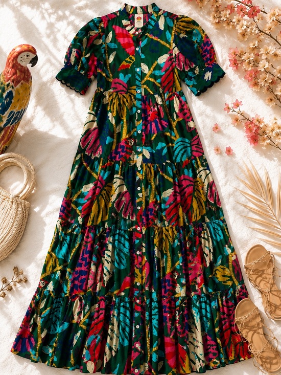 FARM Rio Dresses & Skirts - Farm Rio Tropical Cotton Tiered Button Front Maxi Dress L NWOT